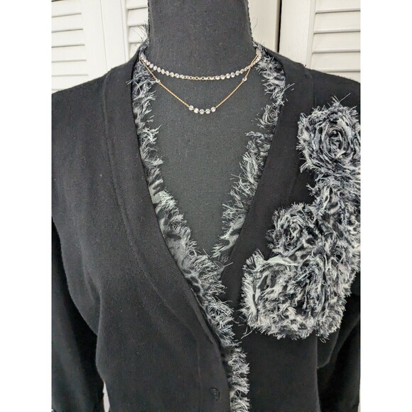 RED Brand Sweater Women's 2X Black V Neck Cardigan 3D Flowers Leopard Chiffon - Picture 2 of 13